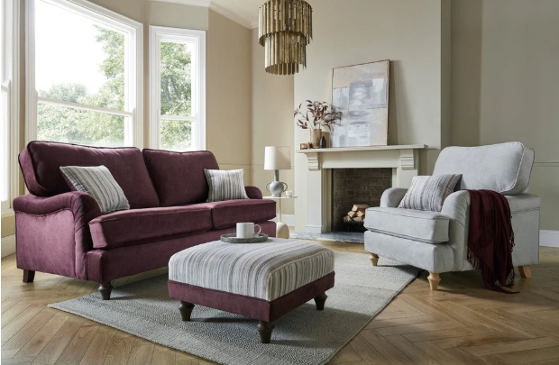 Plum fabric 2-seater sofa and armchair set, stylish and perfect for modern homes in Barrow.